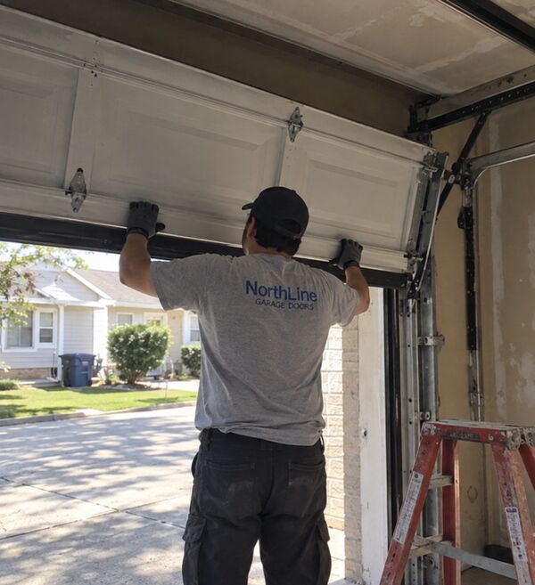 Technician lifting a garage door section inside a garage