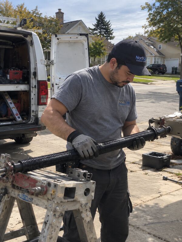 Technician working on a garage door spring outside a house